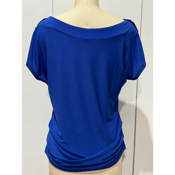 Women's AUW Blue Short Sleeve Tee with Gold Buttons side ruching, Size S - Picture 4 of 8